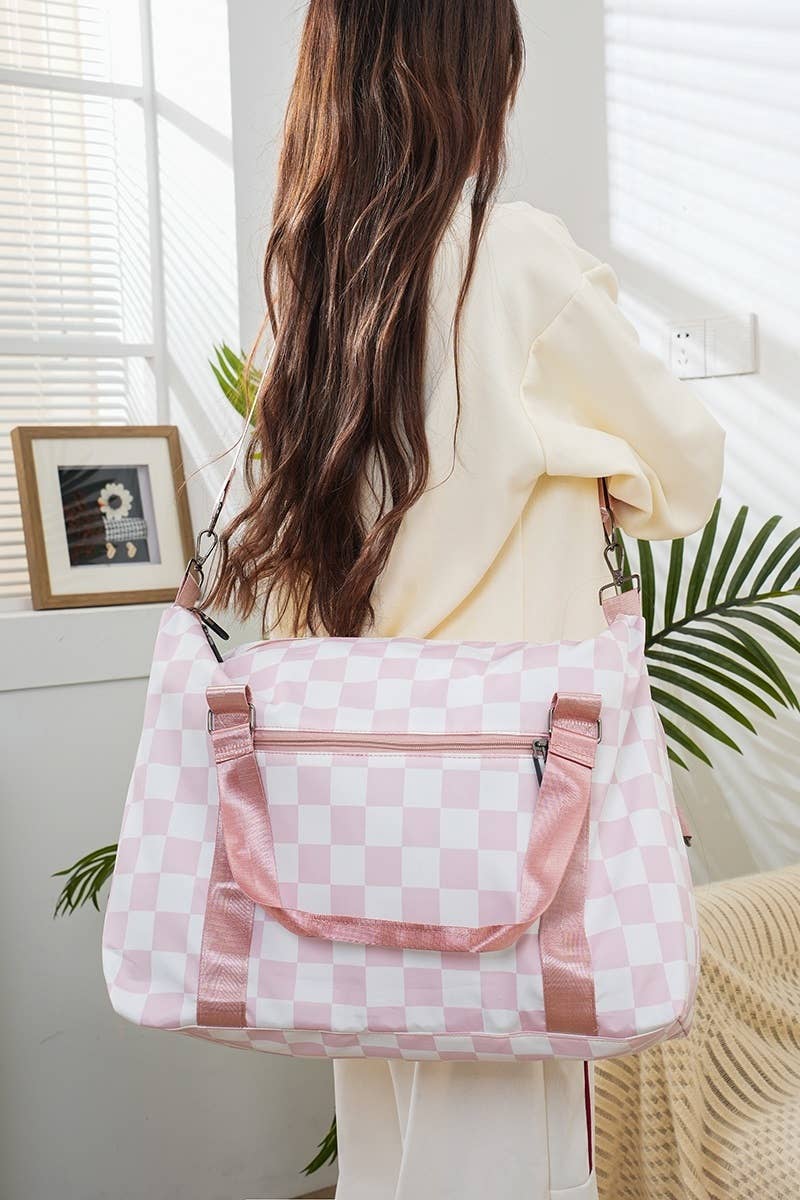 Large Capacity Checkered Travel Duffle Strap