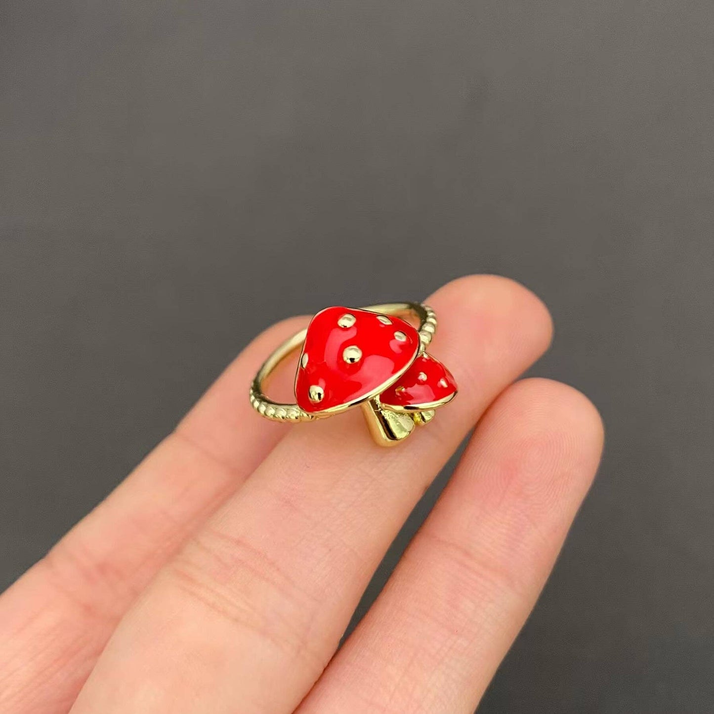 Enamel Double Mushroom Gold-plated Adjustable Ring