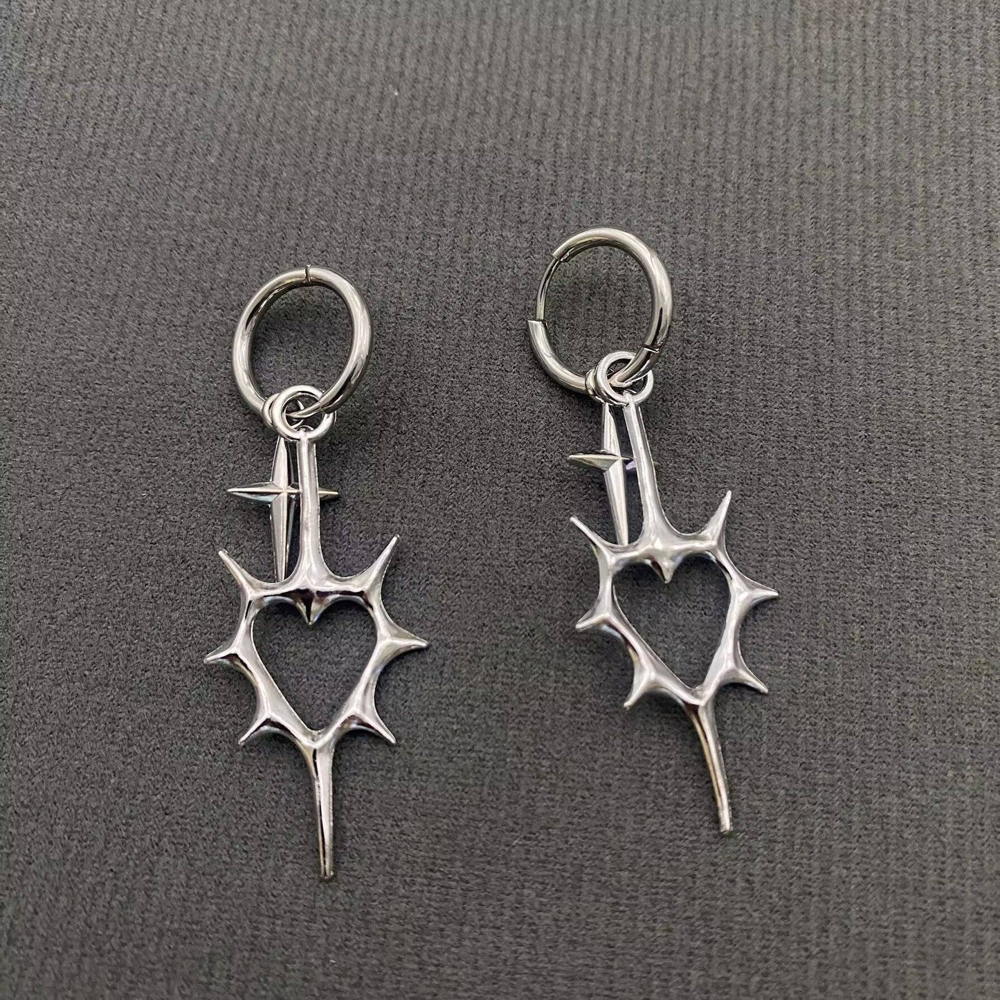 Gothic Silver Tone Thorns Hollow Heart Huggie Earrings - GT