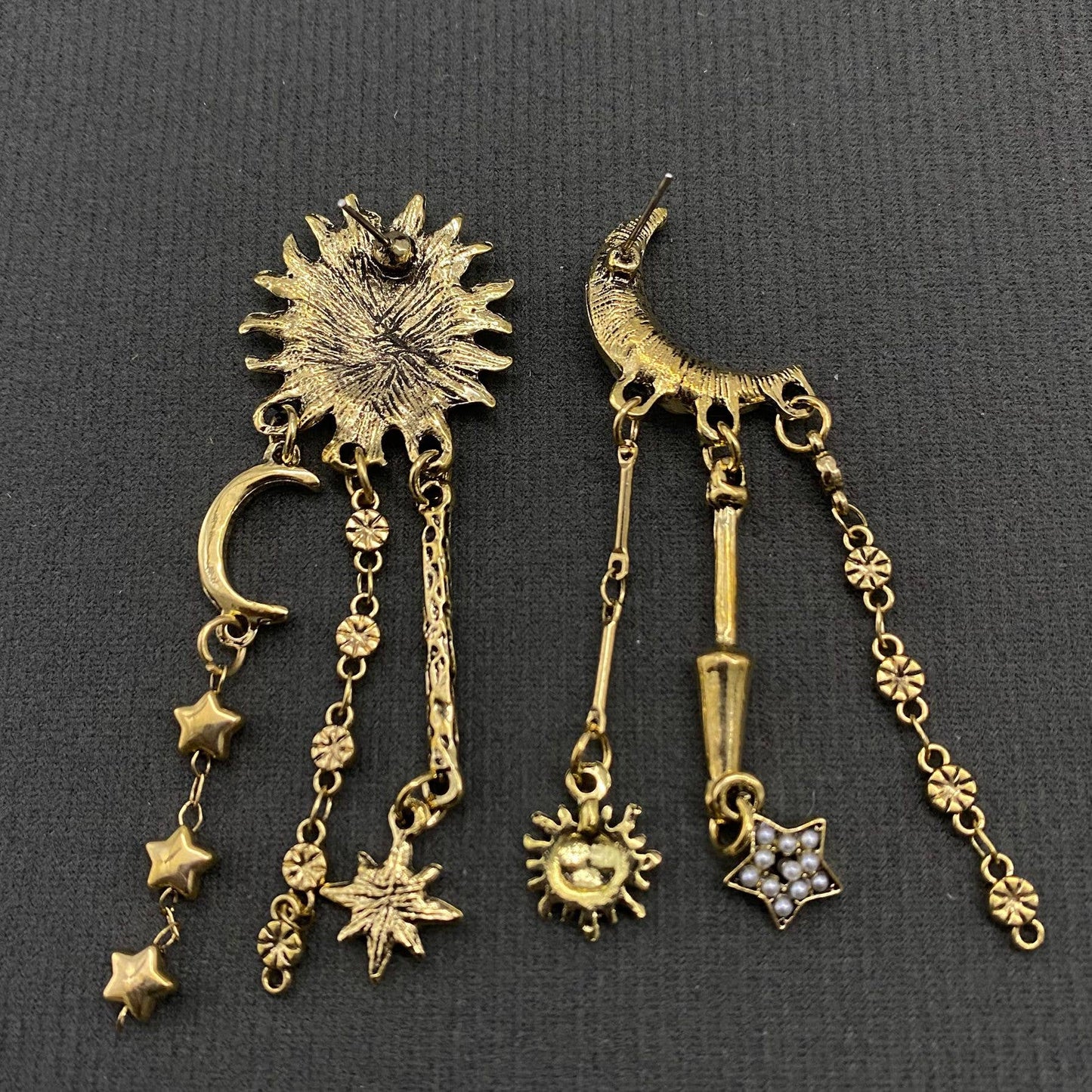 Star Fringe Asymmetric Sun Moon Post Earrings - MS
