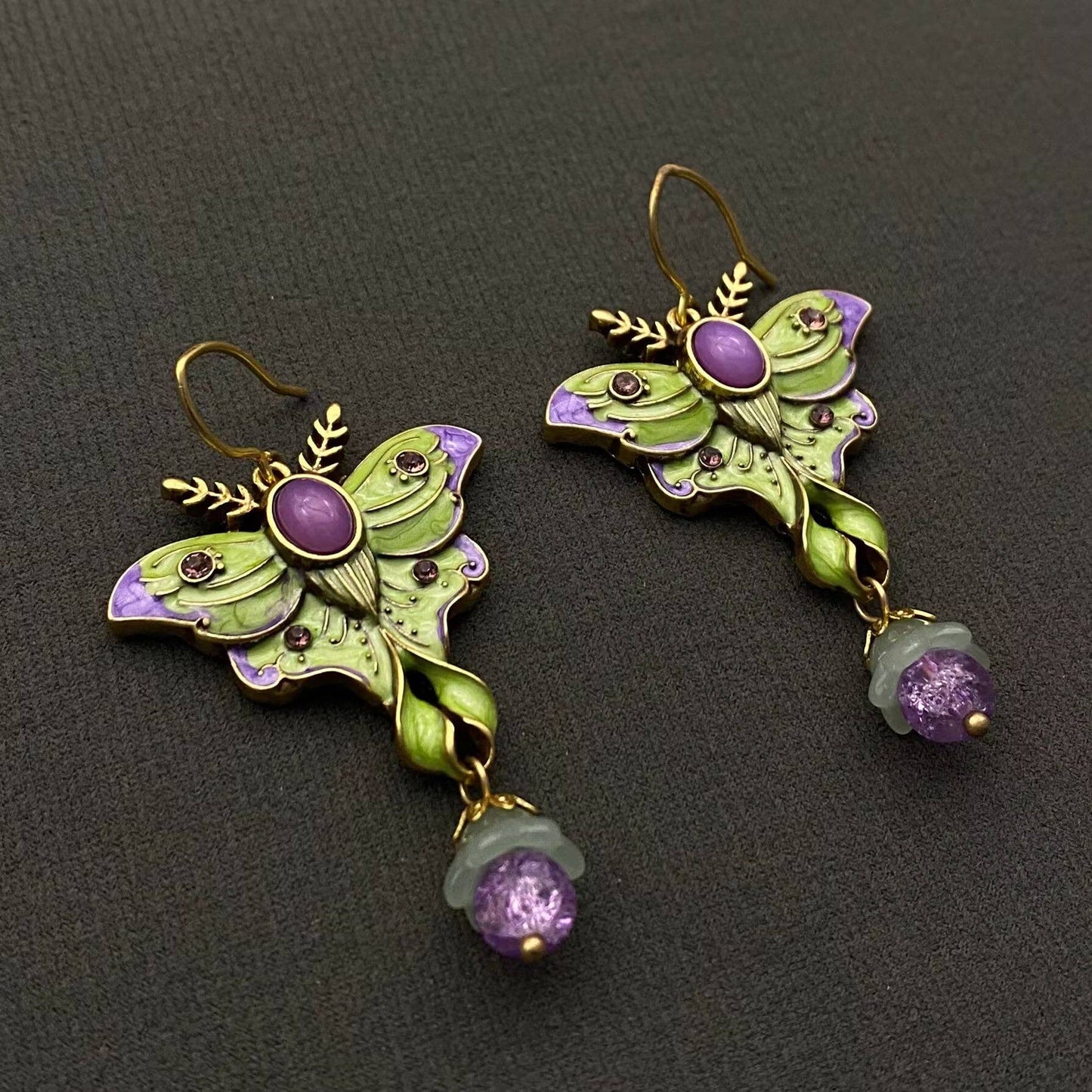 Vintage Green Enamel Moth Dangle Earrings