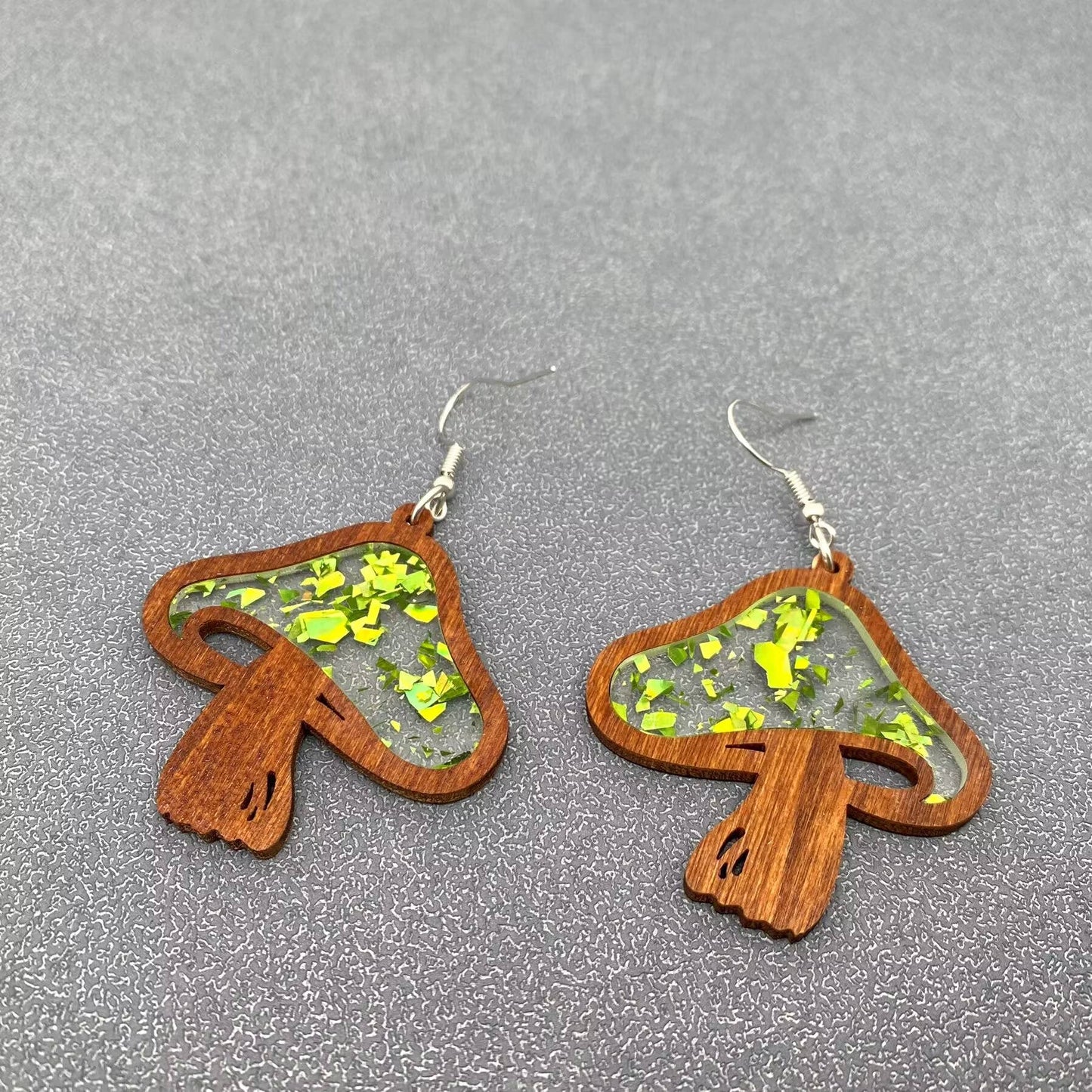 Acrylic Splicing Wood Mushroom Dangle Earrings