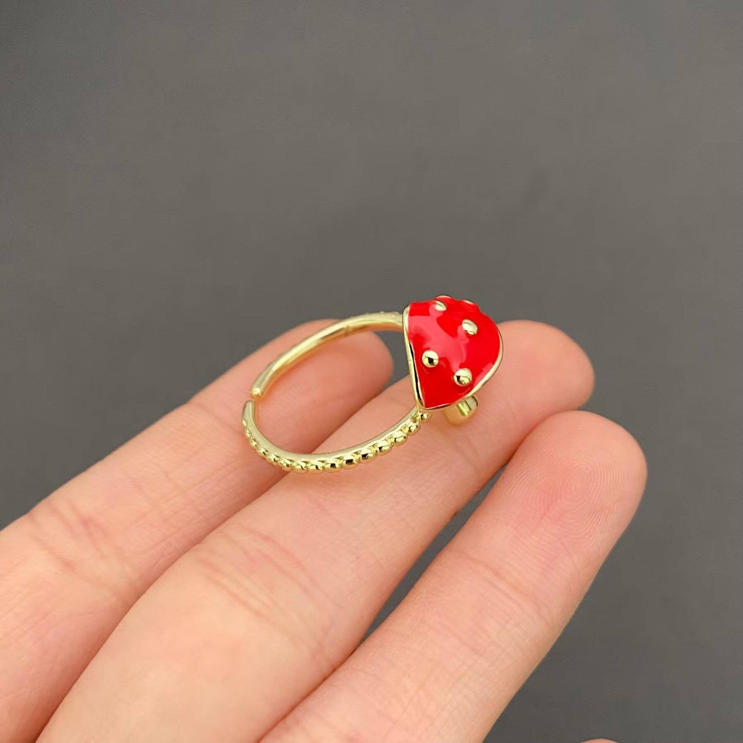 Enamel Double Mushroom Gold-plated Adjustable Ring