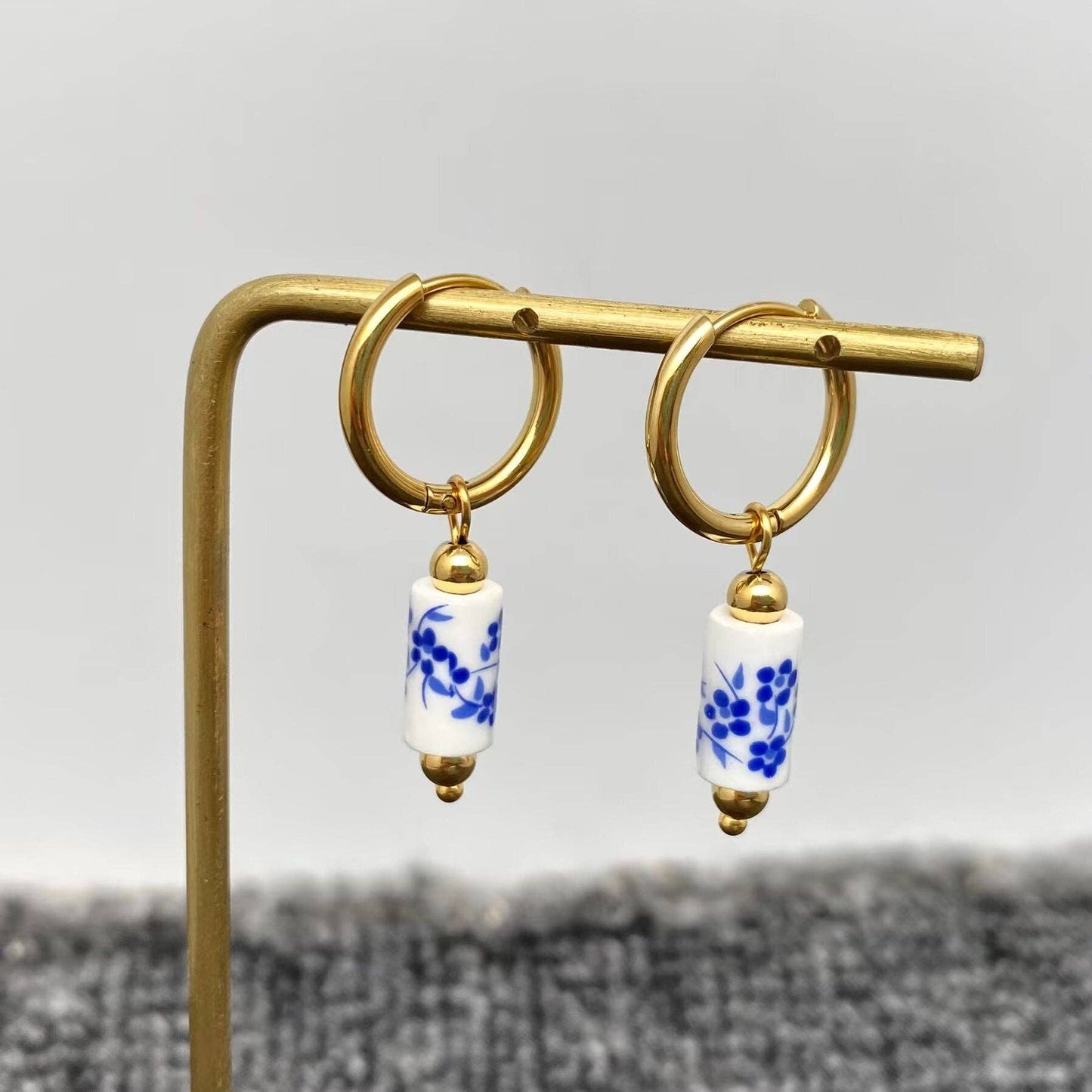 Blue and White Porcelain 18K Golden SS Huugie Earrings - FGS