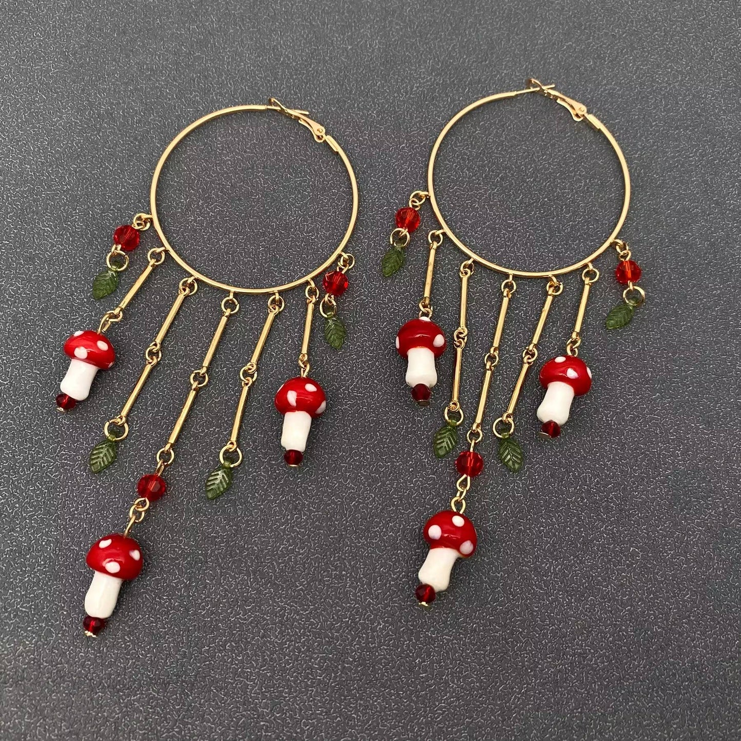 Mushroom Charm Fringe Large Ring Hoop Earrings