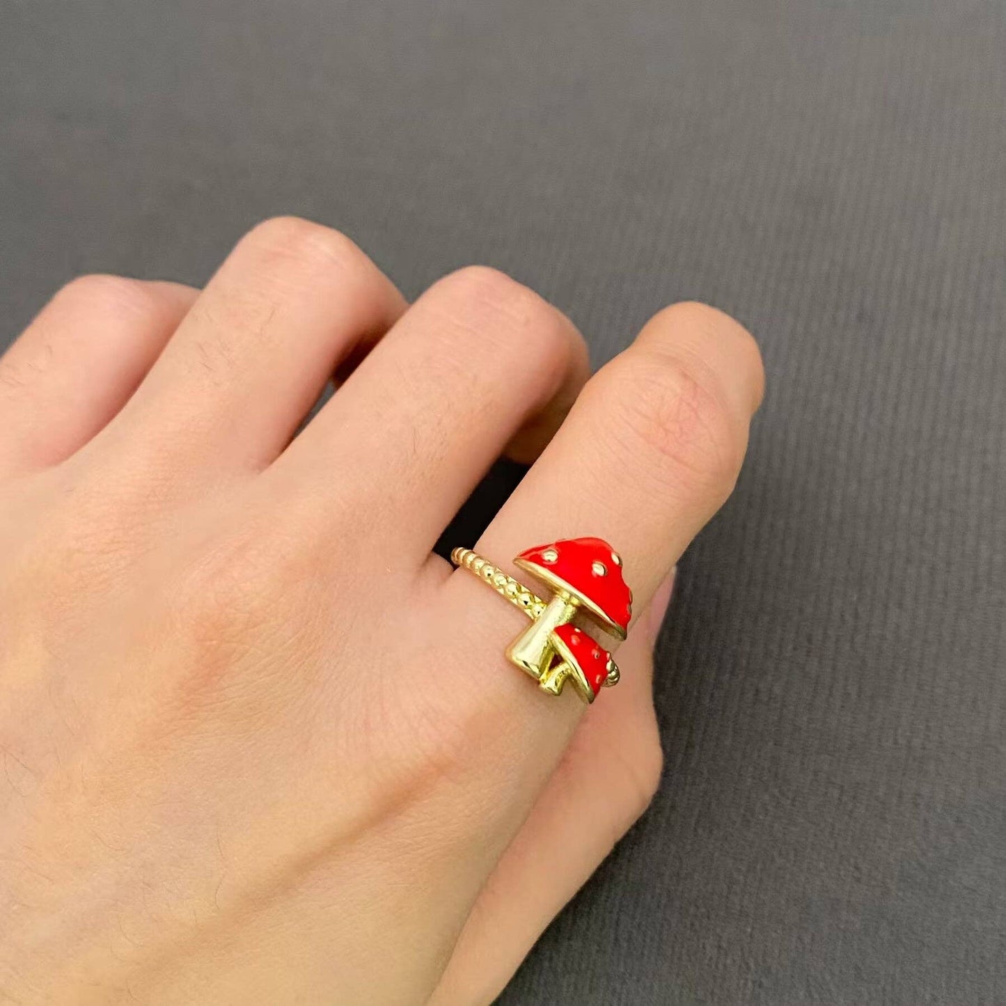 Enamel Double Mushroom Gold-plated Adjustable Ring