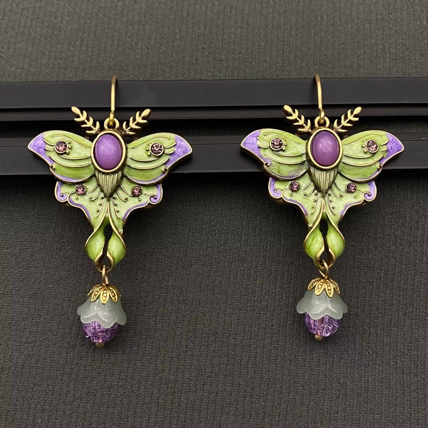 Vintage Green Enamel Moth Dangle Earrings
