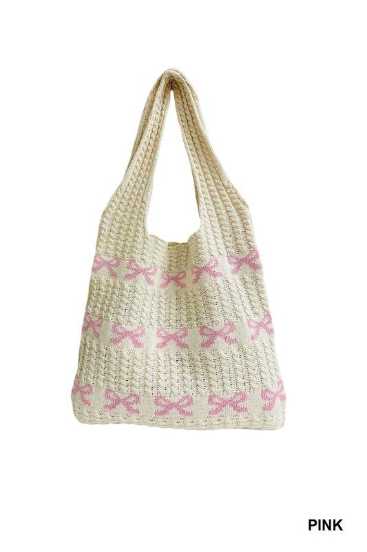 Ribbon Bow Pattern Knitted Woven Crochet Tote Bag