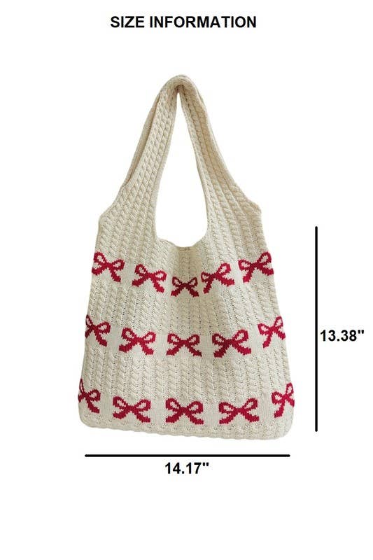 Ribbon Bow Pattern Knitted Woven Crochet Tote Bag