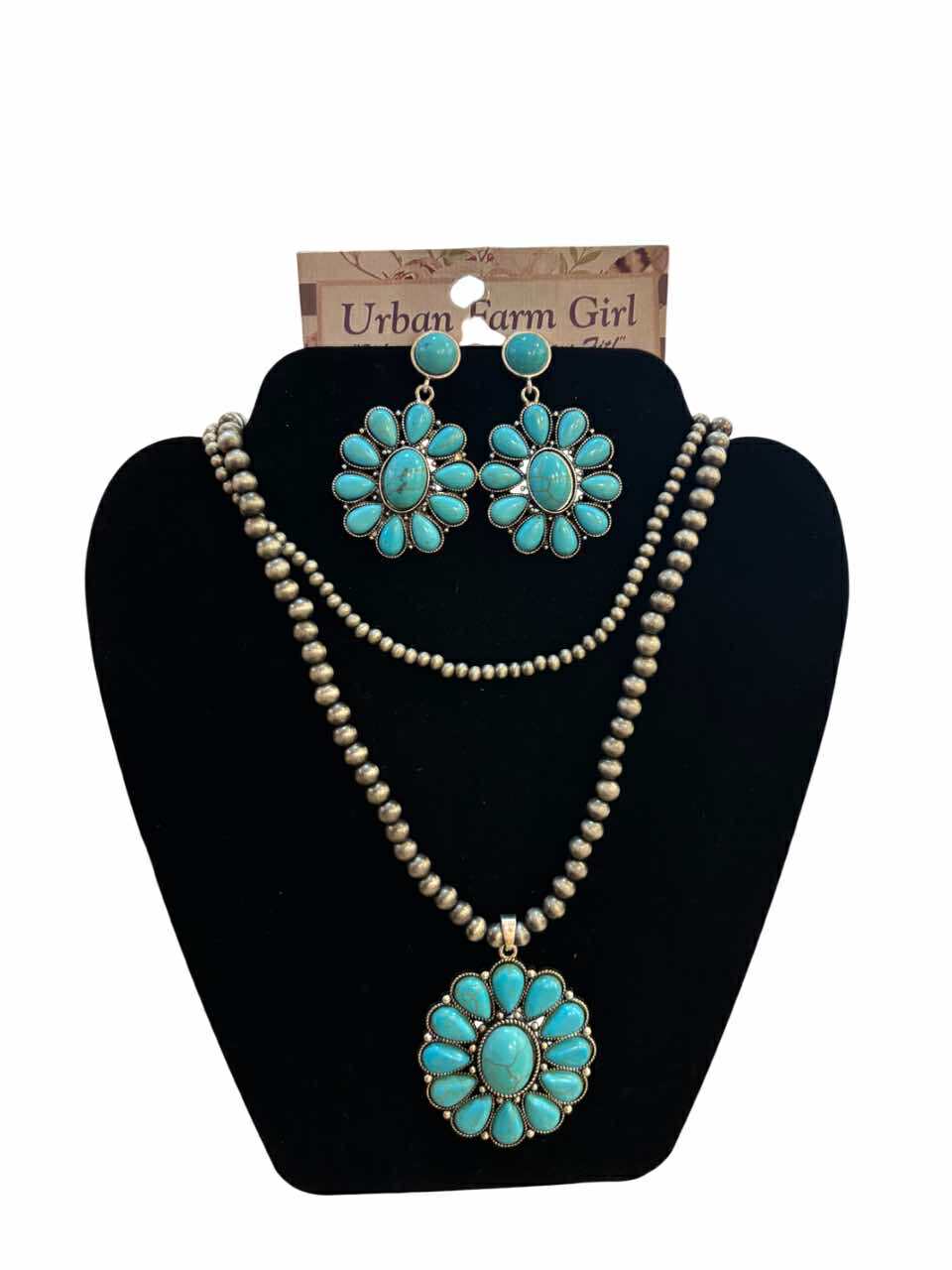 Silver Bead and Turquoise Multi Necklace & Earring Set