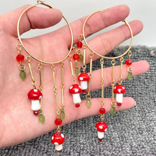 Mushroom Charm Fringe Large Ring Hoop Earrings
