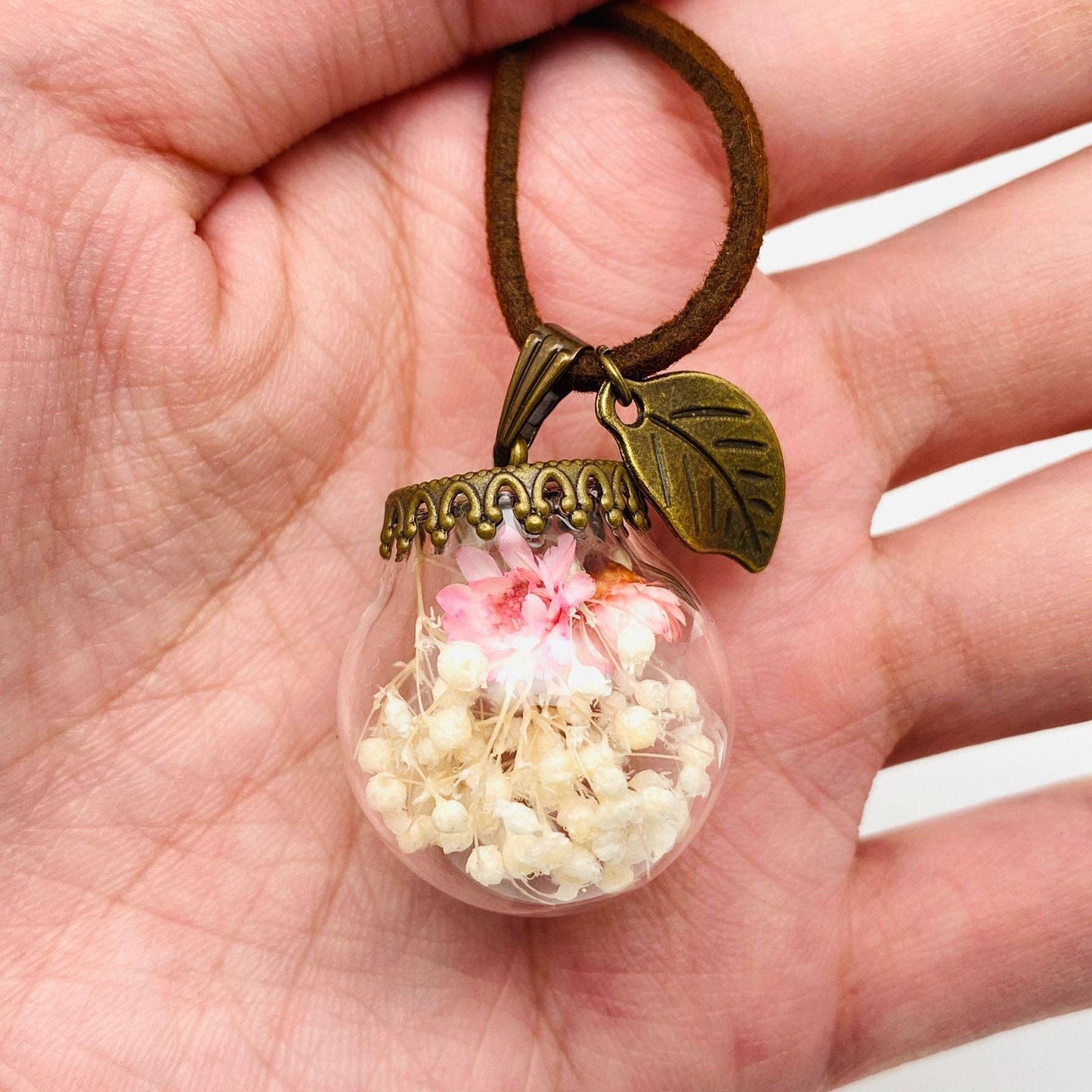 Pink Baby's Breath Glass Ball Pendant Necklace - PDF