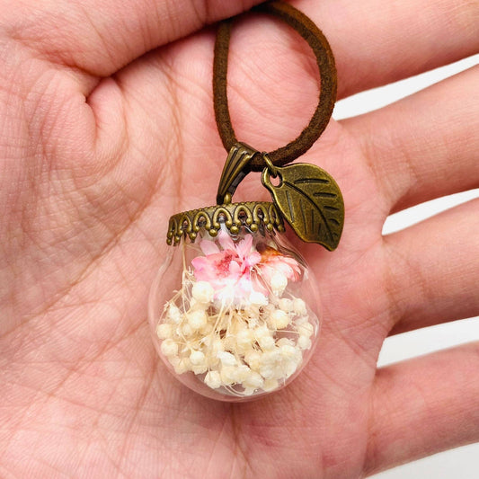 Pink Baby's Breath Glass Ball Pendant Necklace - PDF