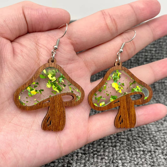 Acrylic Splicing Wood Mushroom Dangle Earrings