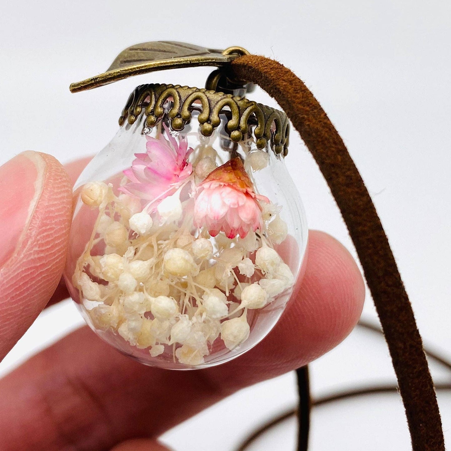 Pink Baby's Breath Glass Ball Pendant Necklace - PDF