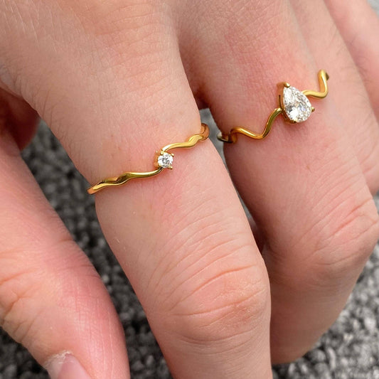 Inlaid Zircon 18K Gold Plated Stainless Steel Wavy Ring -FGS