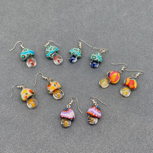 Multi-Style Polymer Clay & Glass Mushroom Charm Earrings