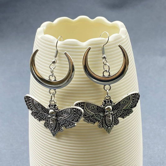 Gothic Style Moth & Moon Dangle Earrings - GT
