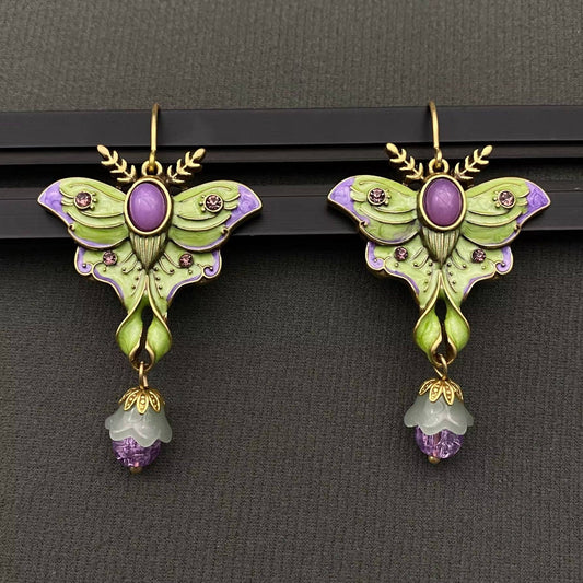 Vintage Green Enamel Moth Dangle Earrings