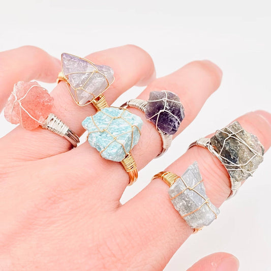 Natural Irregular Rough Stone Wound Copper Wire Ring