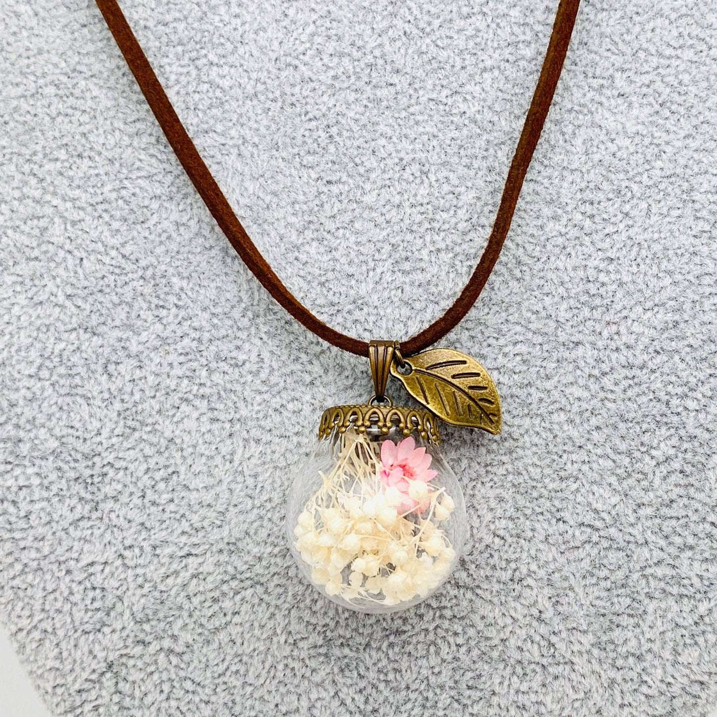 Pink Baby's Breath Glass Ball Pendant Necklace - PDF