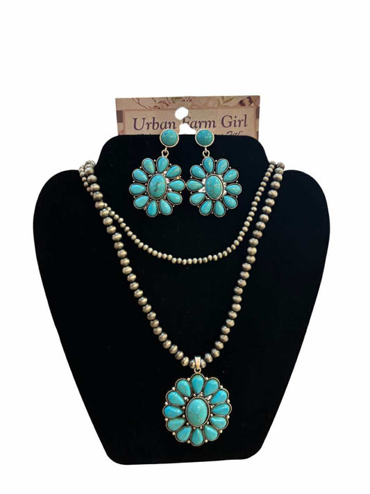 Silver Bead and Turquoise Multi Necklace & Earring Set